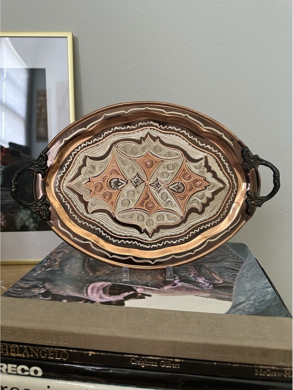 Vintage Turkish Etched Copper Tray Mixed Metal Serving Tray W/ Abstract Design